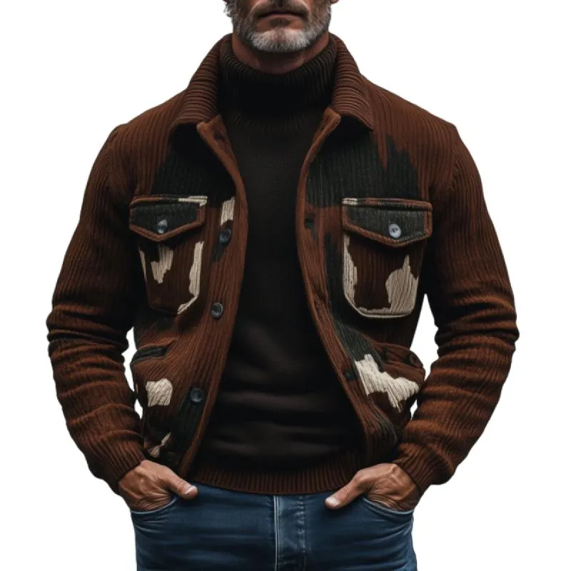 Men's Casual Contrast Color Jacquard Lapel Flap Pocket Knitted Cardigan 63379802M sold by Manly