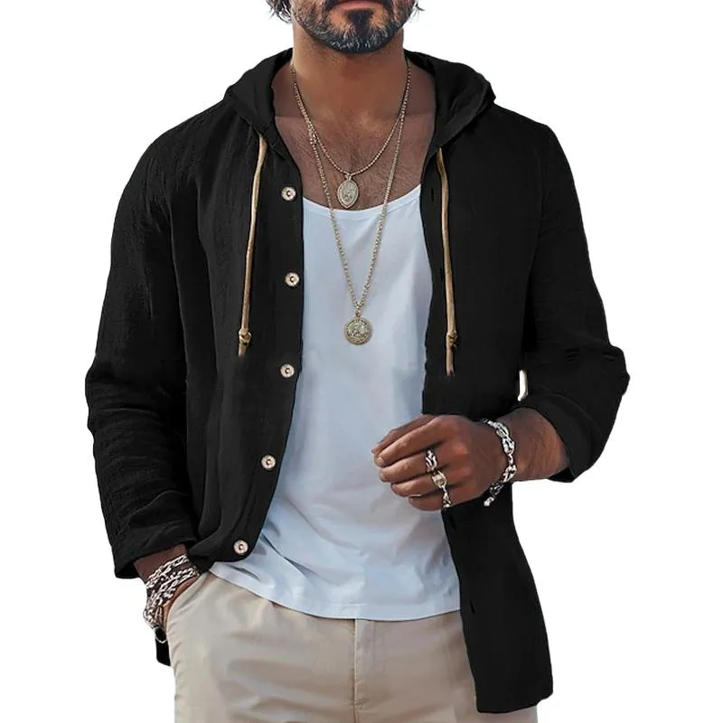 Men's Casual Cotton Linen Hooded Loose Long-sleeved Shirt 42868066M sold by Manly