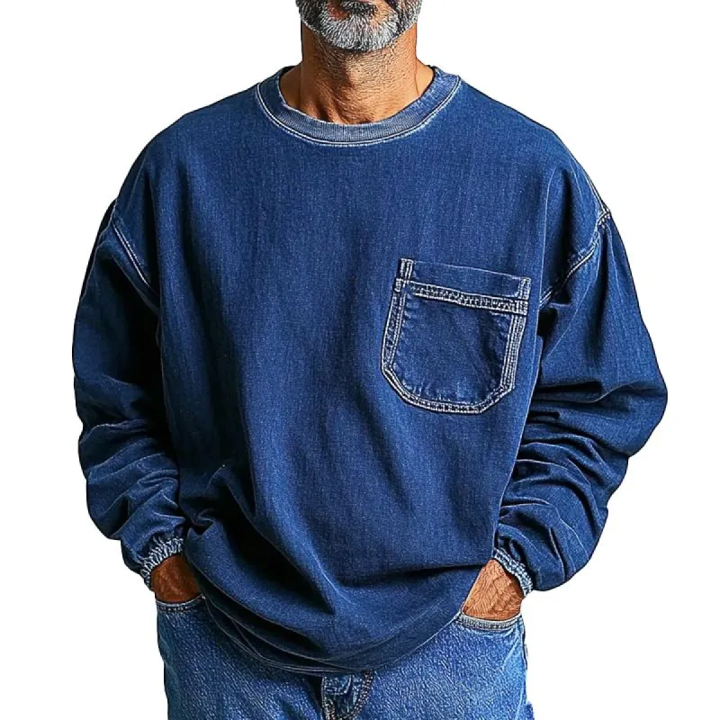 Men's Washed Distressed Crew Neck Denim Sweatshirt 69375873X sold by Manly