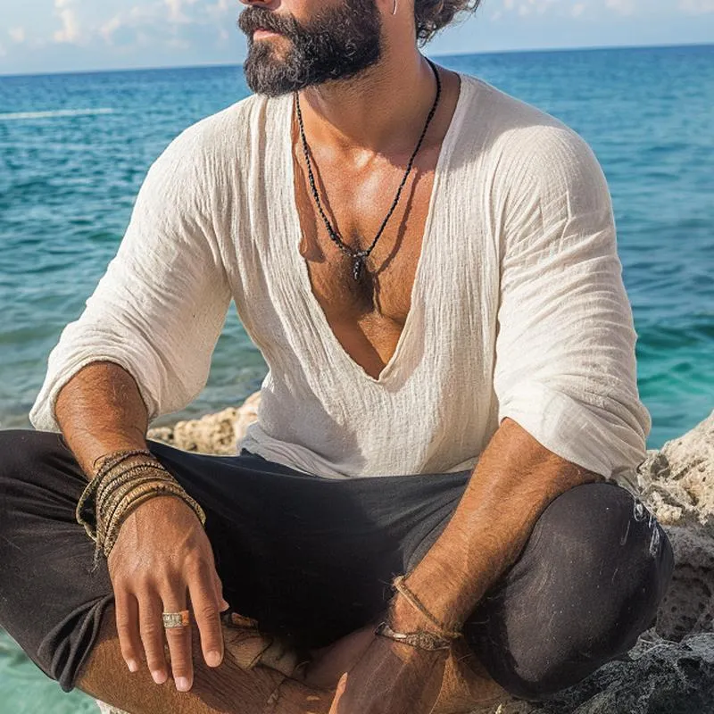 Men's Loose Cotton and Linen V-Neck Long Sleeve T-Shirt 73634881X sold by Manly product image thumbnail 2