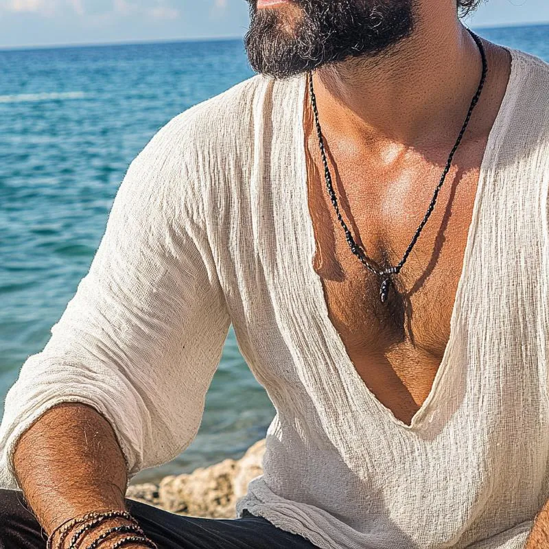 Men's Loose Cotton and Linen V-Neck Long Sleeve T-Shirt 73634881X sold by Manly product image thumbnail 3