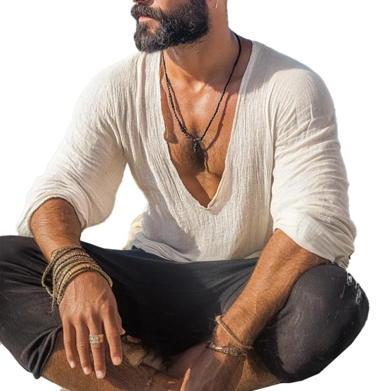 Men's Loose Cotton and Linen V-Neck Long Sleeve T-Shirt 73634881X sold by Manly