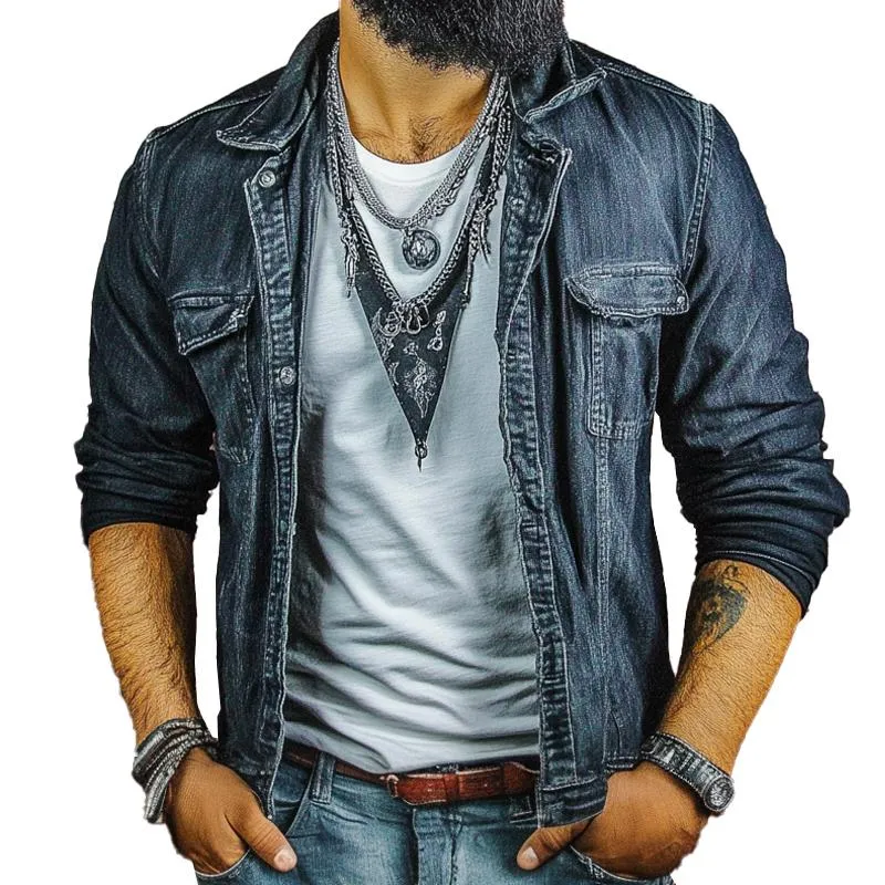 Men's Vintage Washed Lapel Denim Jacket 11157963X sold by Manly