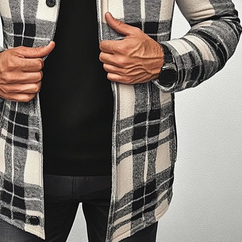 Men's Casual Plaid Lapel Single-breasted Mid-length Coat 64310890X sold by Manly product image thumbnail 3