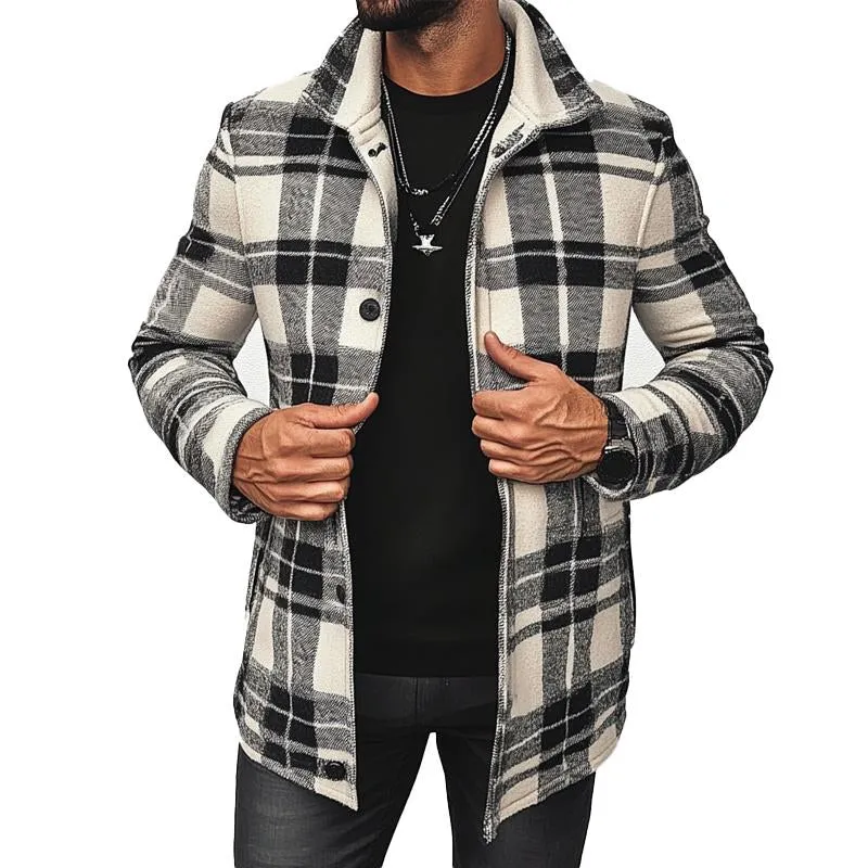 Men's Casual Plaid Lapel Single-breasted Mid-length Coat 64310890X sold by Manly