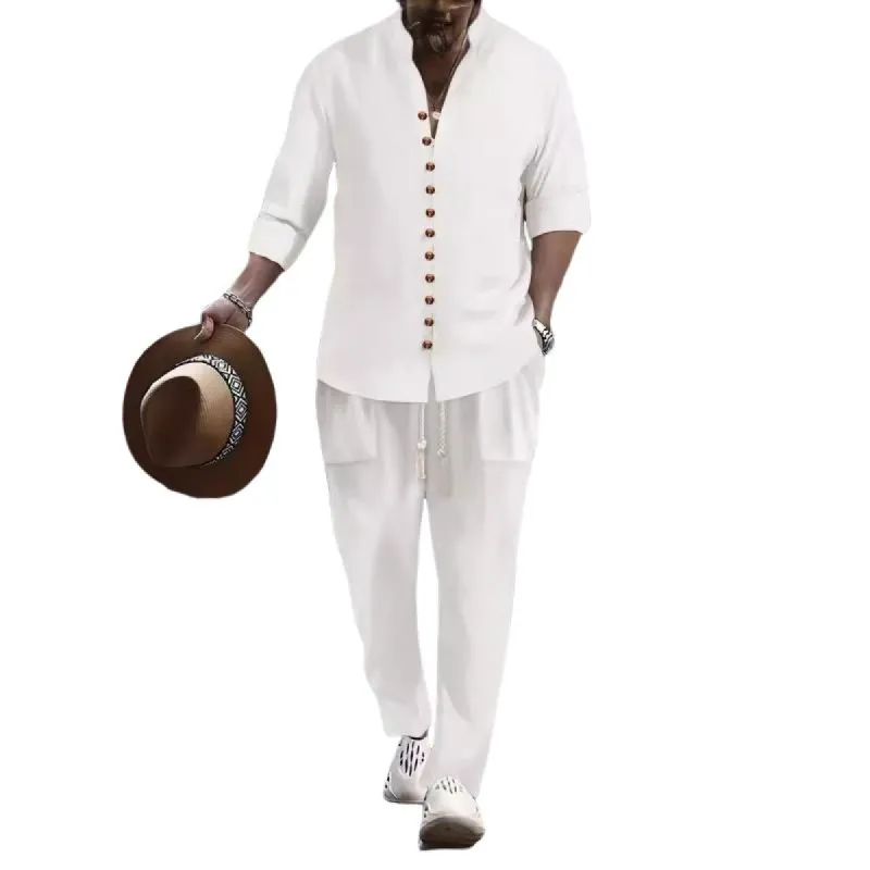 Men's Solid Cotton And Linen Stand Collar Long Sleeve Shirt Trousers Loose Casual Set 34264925Z sold by Manly