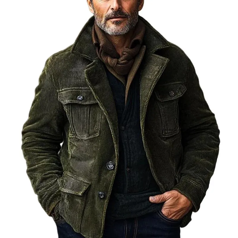 Men's Vintage Corduroy Thickened Notch Lapel Single Breasted Multi-Pocket Blazer 08149389M sold by Manly