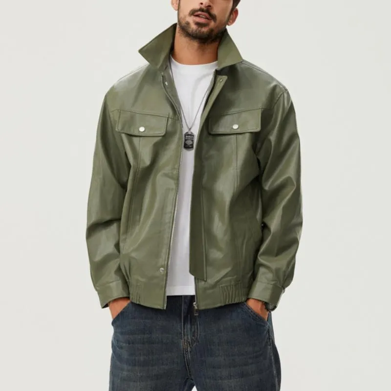 Men's Vintage Biker Lapel Zipper Leather Jacket 95570281Y sold by Manly product image thumbnail 3