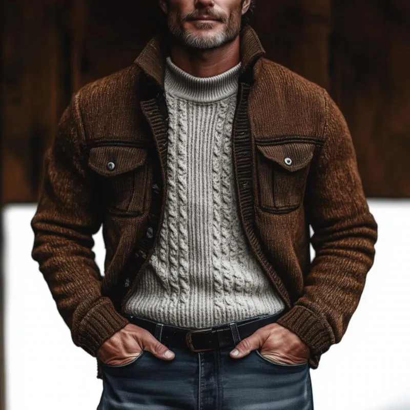 Men's Retro Stand Collar Flap Pocket Single Breasted Knit Cardigan 32132427M sold by Manly product image thumbnail 2