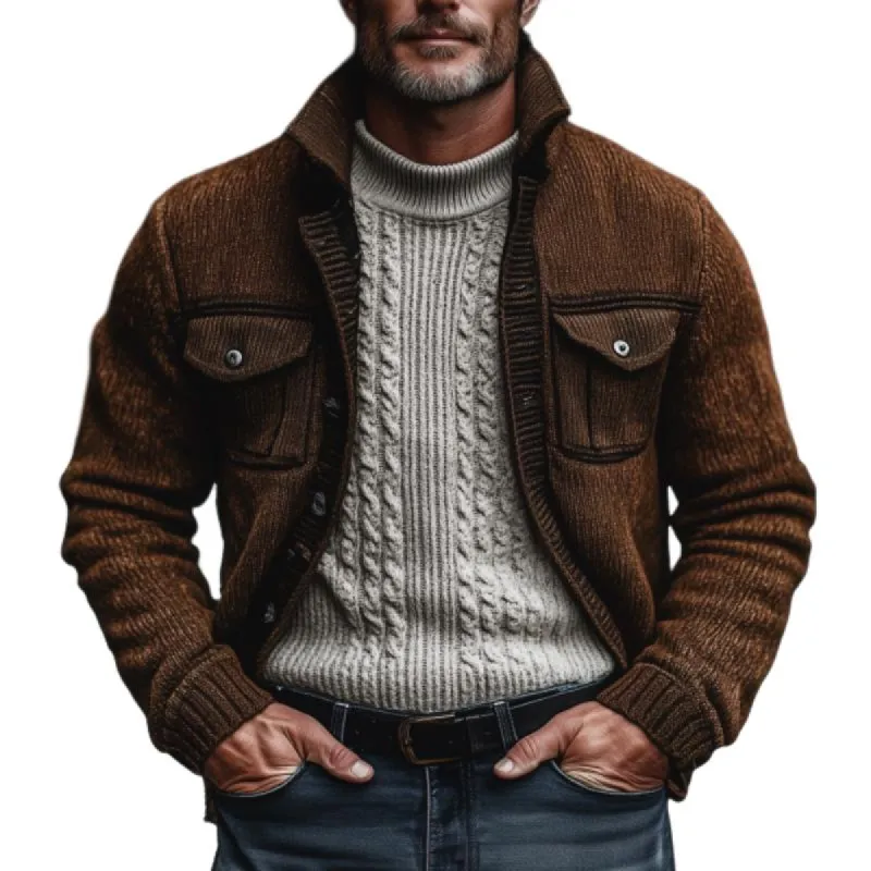 Men's Retro Stand Collar Flap Pocket Single Breasted Knit Cardigan 32132427M sold by Manly