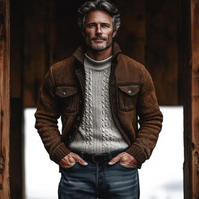 Men's Retro Stand Collar Flap Pocket Single Breasted Knit Cardigan 32132427M sold by Manly product image thumbnail 3