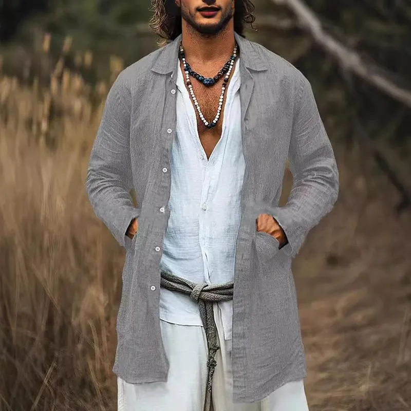 Men's Casual Cotton Linen Lapel Single-breasted Long-sleeved Mid-length Shirt 52190048M sold by Manly product image thumbnail 3