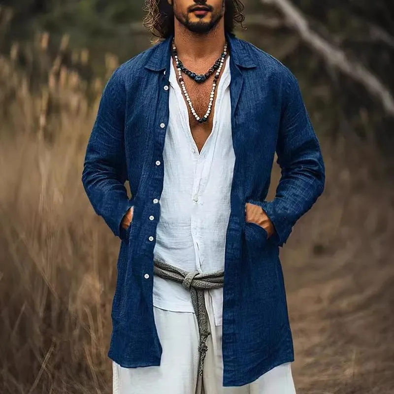 Men's Casual Cotton Linen Lapel Single-breasted Long-sleeved Mid-length Shirt 52190048M sold by Manly product image thumbnail 2