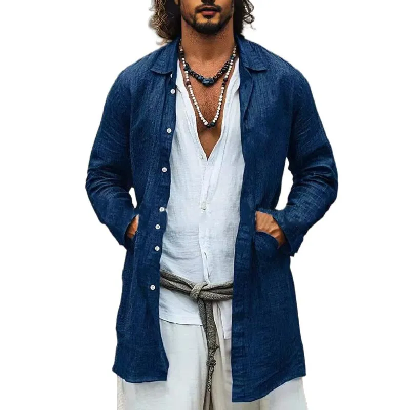 Men's Casual Cotton Linen Lapel Single-breasted Long-sleeved Mid-length Shirt 52190048M sold by Manly
