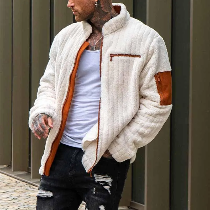 Men's Colorblock Stand Collar Loose Fleece Zipper Jacket 44387612Z sold by Manly product image thumbnail 4