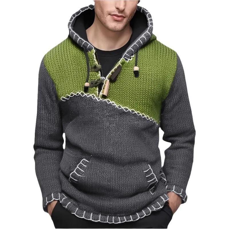 Men's Fashion Colorblock Patchwork Hooded Pullover Knitted Sweater 39909659M sold by Manly