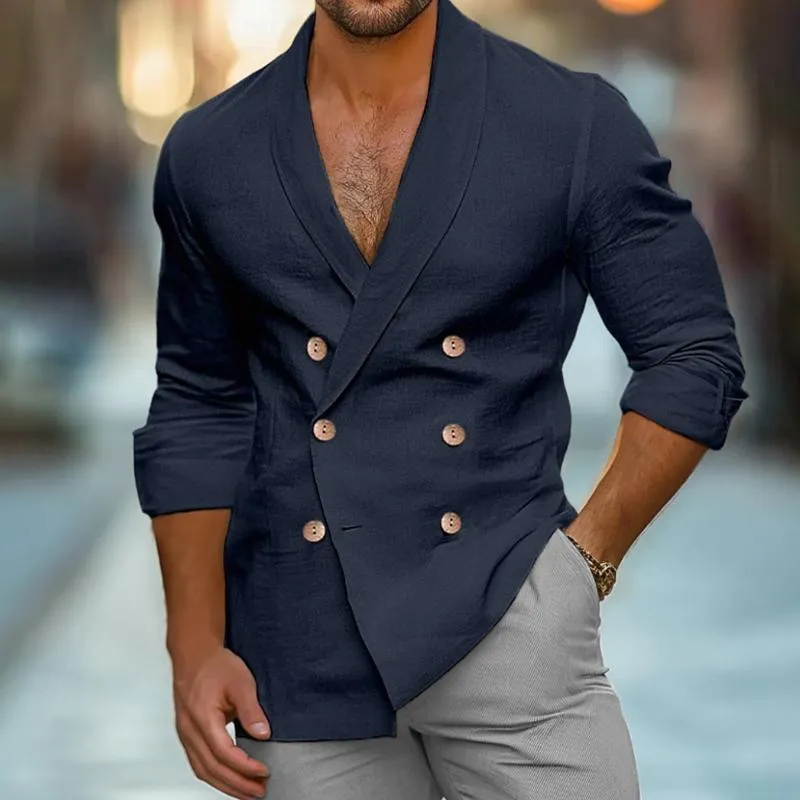 Men's Casual Cotton Linen Lapel Double-breasted Slim-fit Long-sleeved Shirt 85775872M sold by Manly product image thumbnail 5