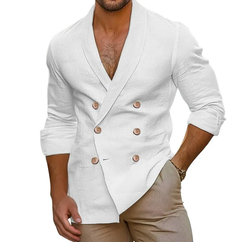 Men's Casual Cotton Linen Lapel Double-breasted Slim-fit Long-sleeved Shirt 85775872M sold by Manly