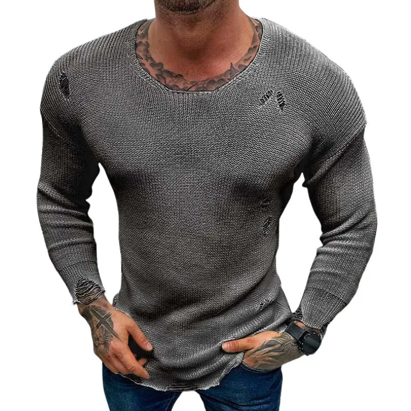 Men's Casual Round Neck Thin Long Sleeve Ripped Knitted Sweater 69300310M sold by Manly