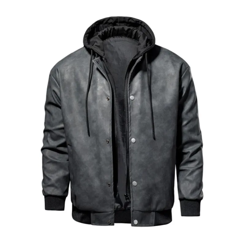 Men's Casual Hooded Fake Two-piece Loose PU Baseball Jacket 00774459M sold by Manly