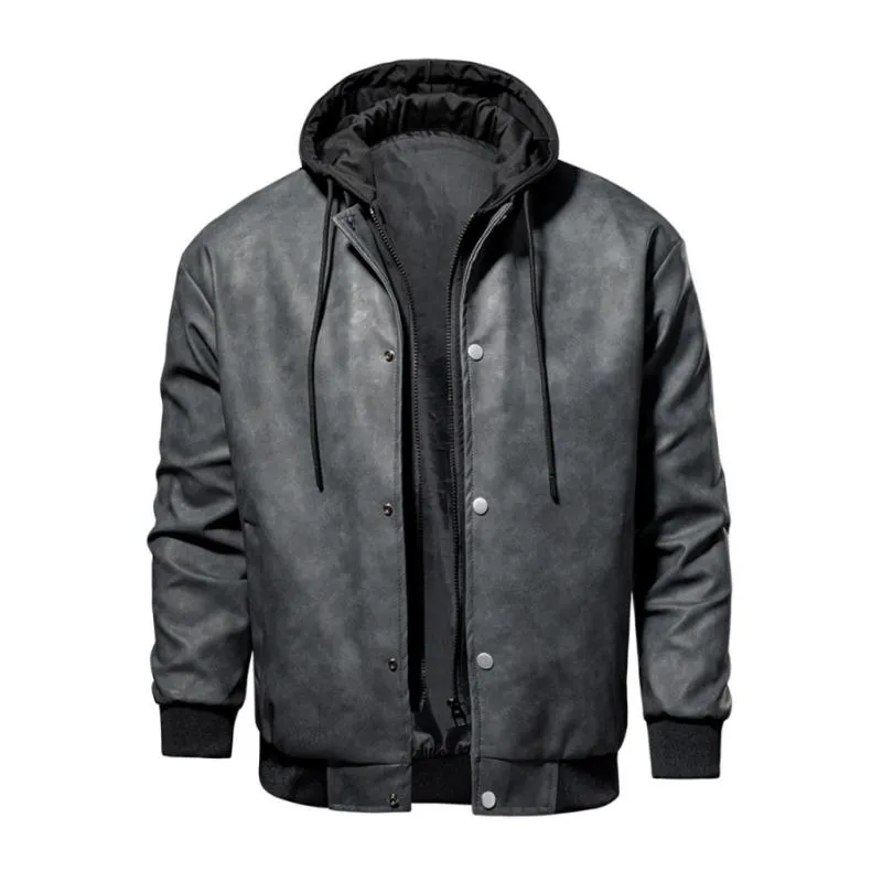 Men's Casual Hooded Fake Two-piece Loose PU Baseball Jacket 00774459M sold by Manly