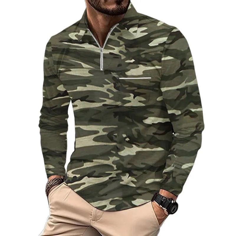 Men's Casual Outdoor Camouflage Zipper Lapel Slim Long Sleeve Polo Shirt 91238268M sold by Manly