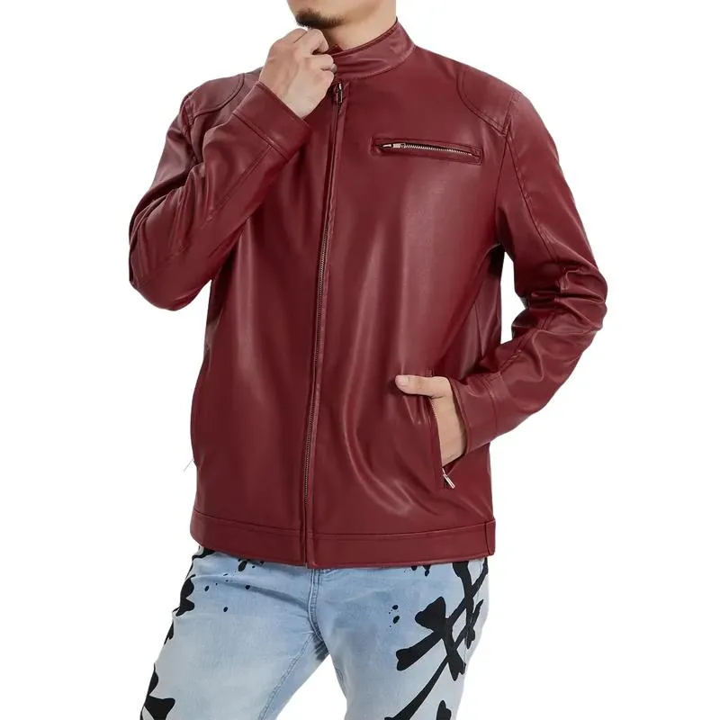 Men's Casual Stand Collar Zippered Leather Motorcycle Jacket 55708444M sold by Manly product image thumbnail 3