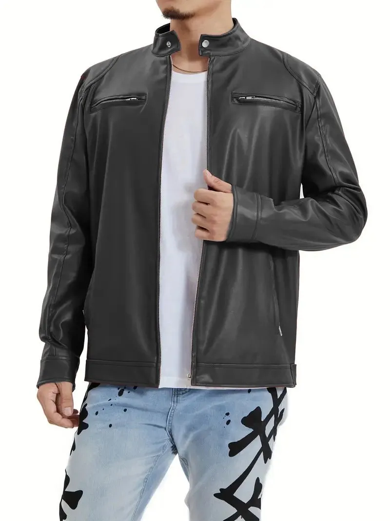 Men's Casual Stand Collar Zippered Leather Motorcycle Jacket 55708444M sold by Manly product image thumbnail 5