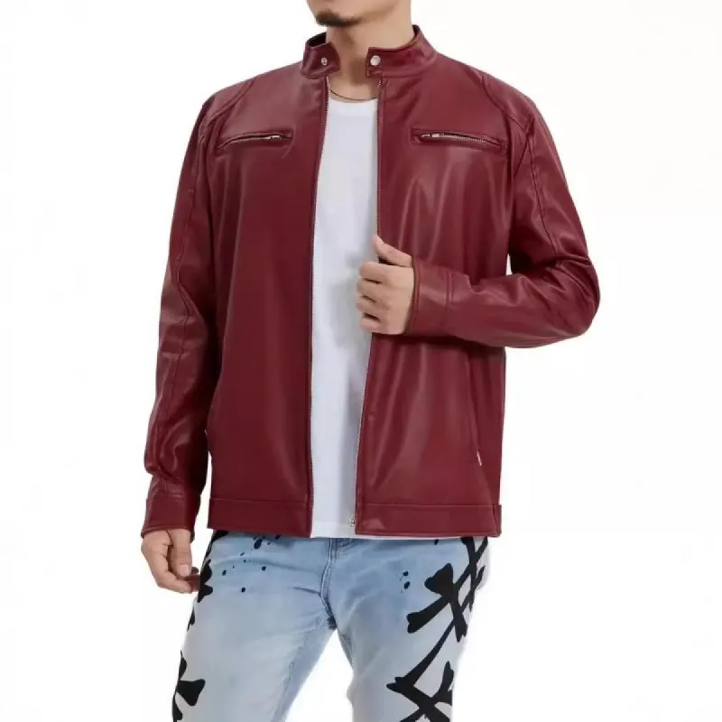 Men's Casual Stand Collar Zippered Leather Motorcycle Jacket 55708444M sold by Manly