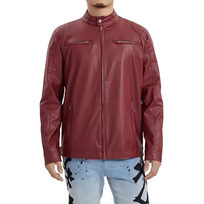 Men's Casual Stand Collar Zippered Leather Motorcycle Jacket 55708444M sold by Manly product image thumbnail 2