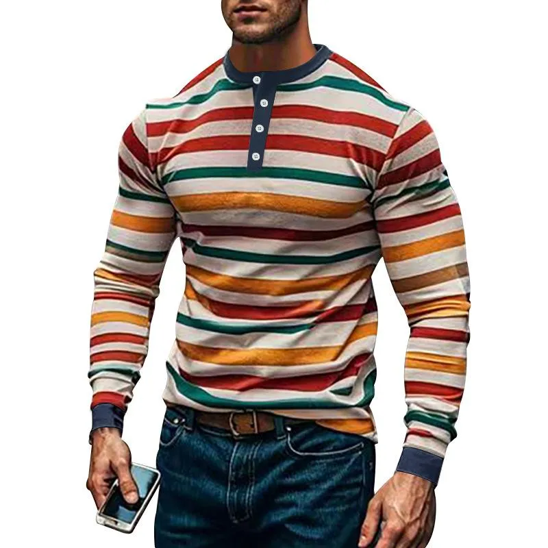 Men's Colorblock Striped Henley Collar Long Sleeve Casual T-shirt 43909825Z sold by Manly product image thumbnail 4