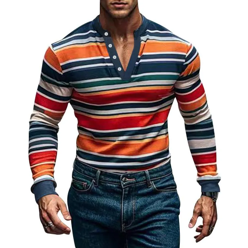 Men's Colorblock Striped Henley Collar Long Sleeve Casual T-shirt 43909825Z sold by Manly