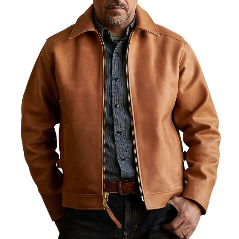 Men's Vintage Simple Leather Lapel Zipper Biker Jacket 98431201Z sold by Manly