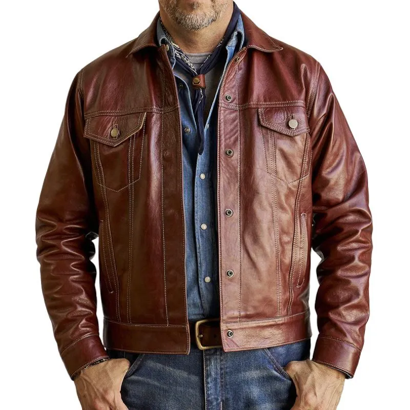 Men's Vintage Leather Lapel Chest Pocket Single Breasted Biker Jacket 33789740Z sold by Manly