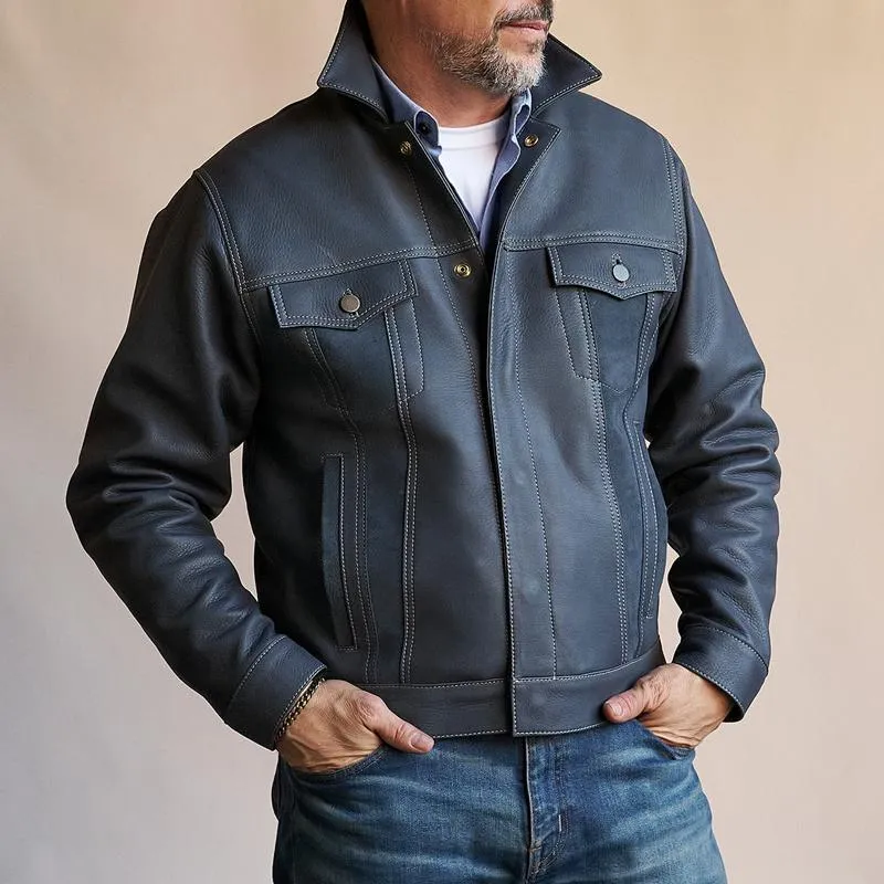 Men's Vintage Leather Lapel Chest Pocket Single Breasted Biker Jacket 41655806Z sold by Manly product image thumbnail 3