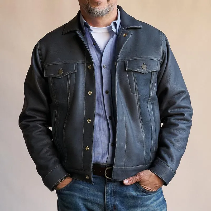 Men's Vintage Leather Lapel Chest Pocket Single Breasted Biker Jacket 41655806Z sold by Manly product image thumbnail 2