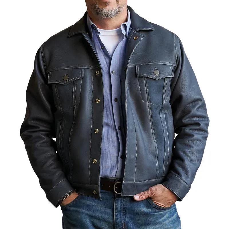 Men's Vintage Leather Lapel Chest Pocket Single Breasted Biker Jacket 41655806Z sold by Manly