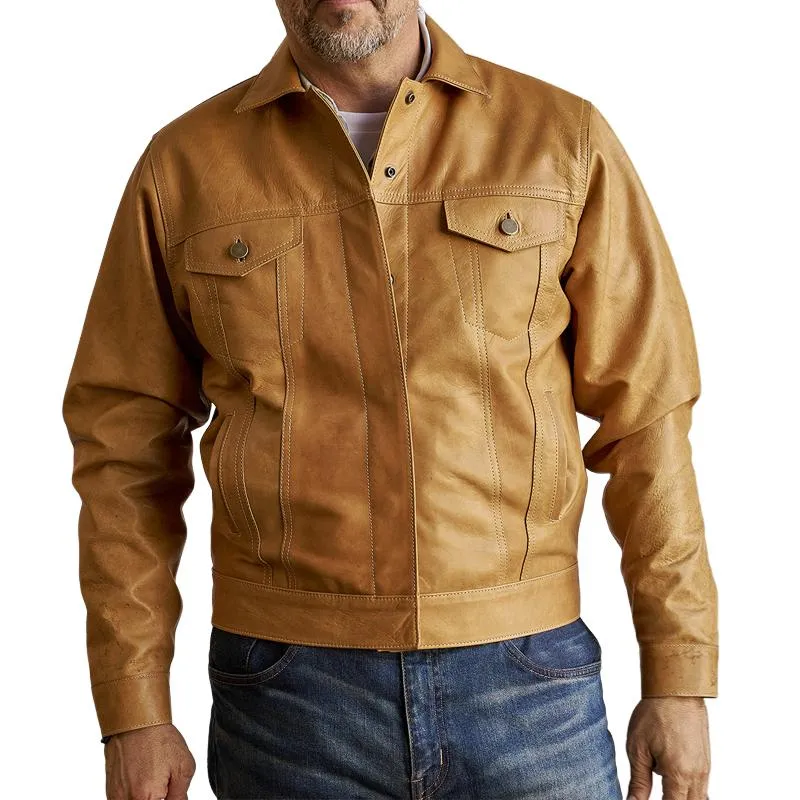 Men's Vintage Leather Lapel Chest Pocket Single Breasted Biker Jacket 95447009Z sold by Manly