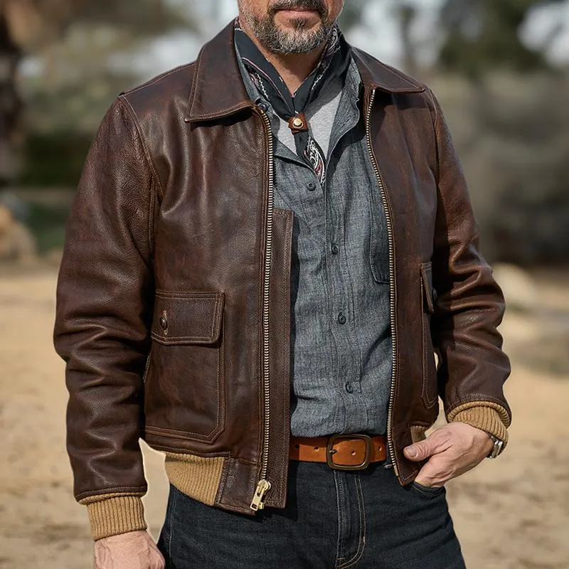 Men's Vintage Leather Lapel Pocket Zipper Casual Jacket 75715505Z sold by Manly product image thumbnail 2