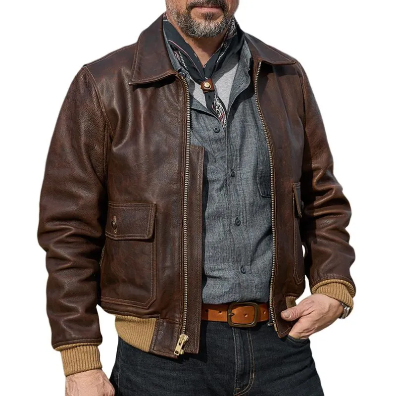 Men's Vintage Leather Lapel Pocket Zipper Casual Jacket 75715505Z sold by Manly