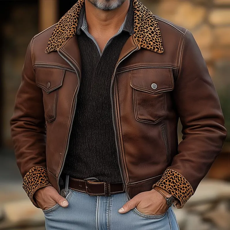 Men's Vintage Leather Leopard Fleece Lapel Chest Pocket Zipper Jacket 82983660Z sold by Manly product image thumbnail 2