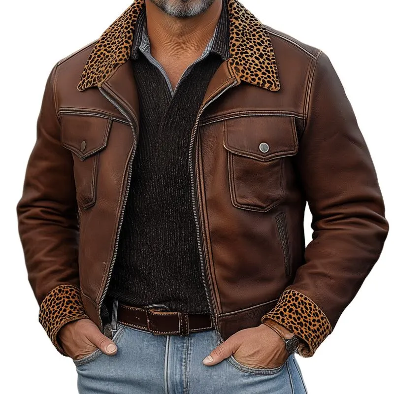 Men's Vintage Leather Leopard Fleece Lapel Chest Pocket Zipper Jacket 82983660Z sold by Manly