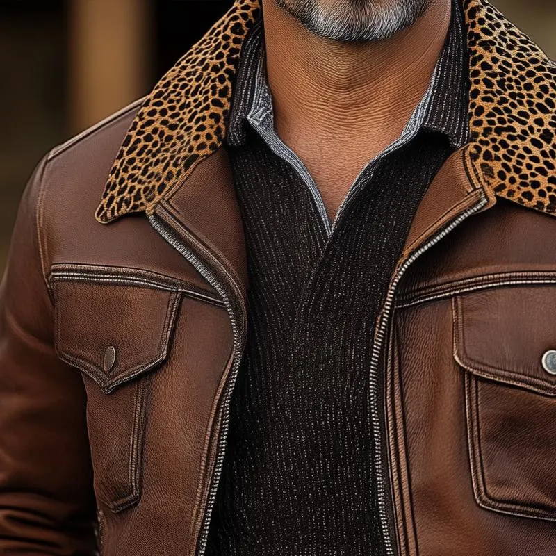 Men's Vintage Leather Leopard Fleece Lapel Chest Pocket Zipper Jacket 82983660Z sold by Manly product image thumbnail 3