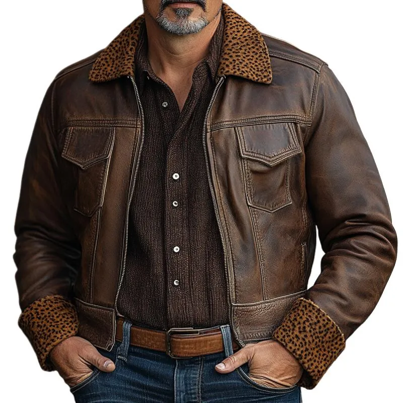 Men's Vintage Leather Leopard Fleece Lapel Chest Pocket Zipper Jacket 49215252Z sold by Manly