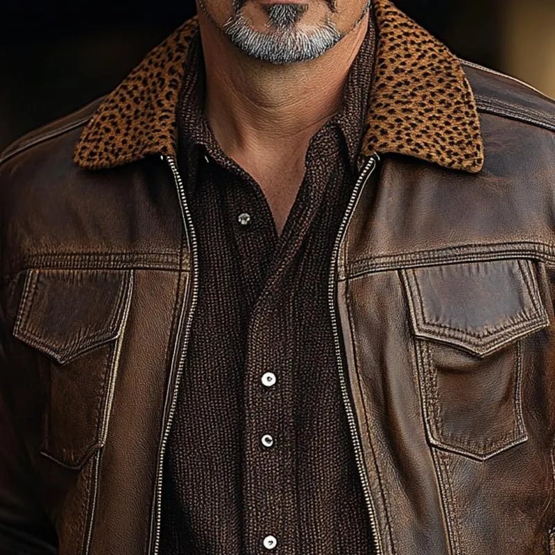 Men's Vintage Leather Leopard Fleece Lapel Chest Pocket Zipper Jacket 49215252Z sold by Manly product image thumbnail 3