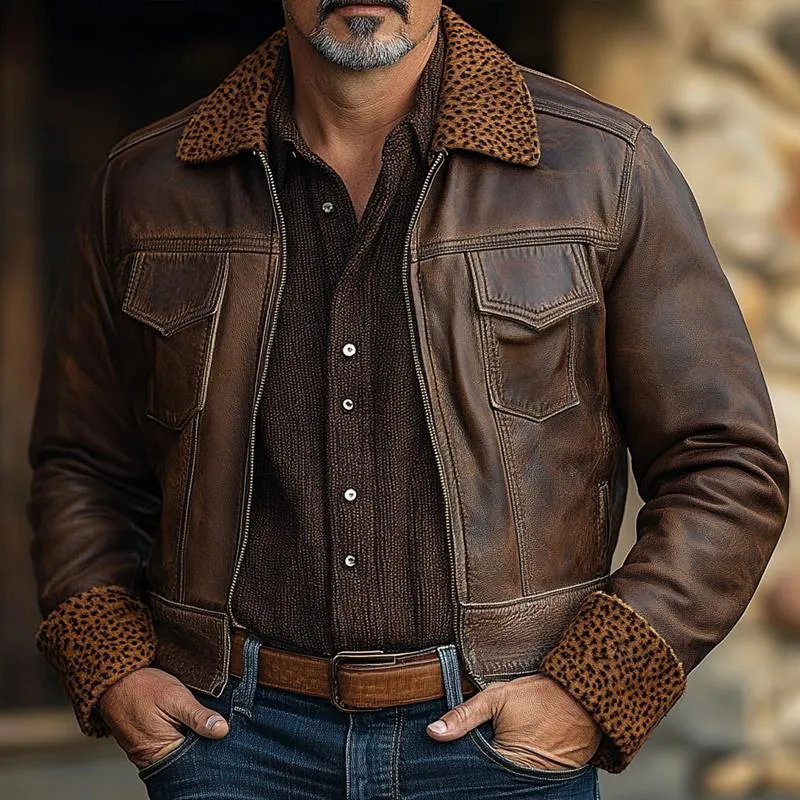Men's Vintage Leather Leopard Fleece Lapel Chest Pocket Zipper Jacket 49215252Z sold by Manly product image thumbnail 2