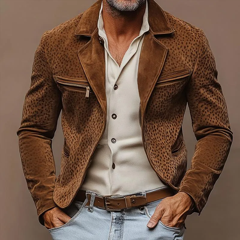 Men's Vintage Leopard Suede Lapel Multi-pocket Slim Jacket 11073279Z sold by Manly product image thumbnail 2