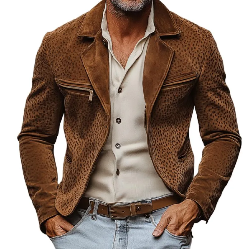 Men's Vintage Leopard Suede Lapel Multi-pocket Slim Jacket 11073279Z sold by Manly