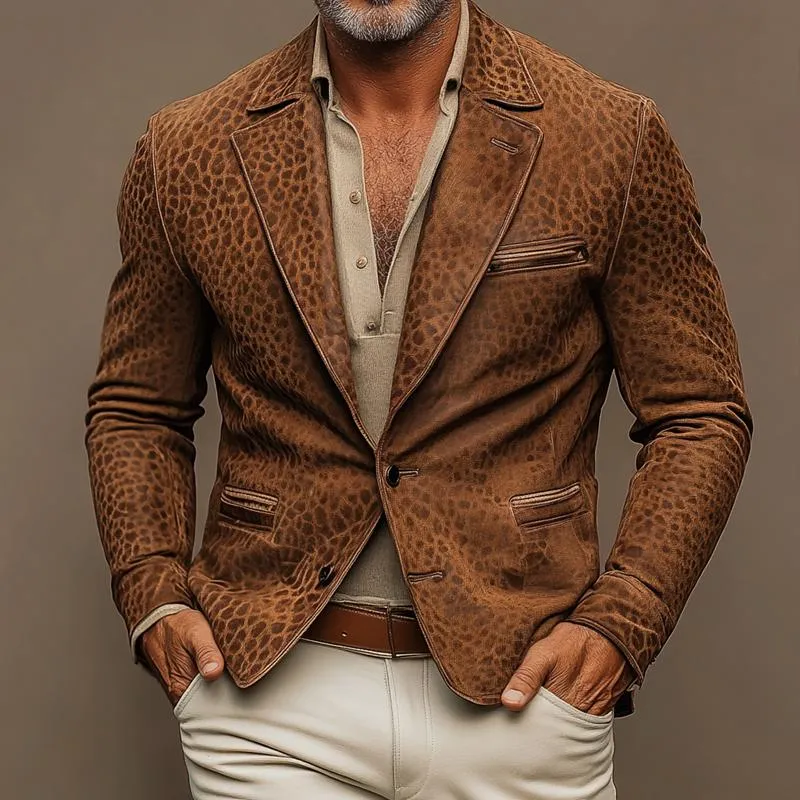 Men's Vintage Leopard Suede Notch Lapel Multi-pocket Single Breasted Blazer 28974346Z sold by Manly product image thumbnail 2