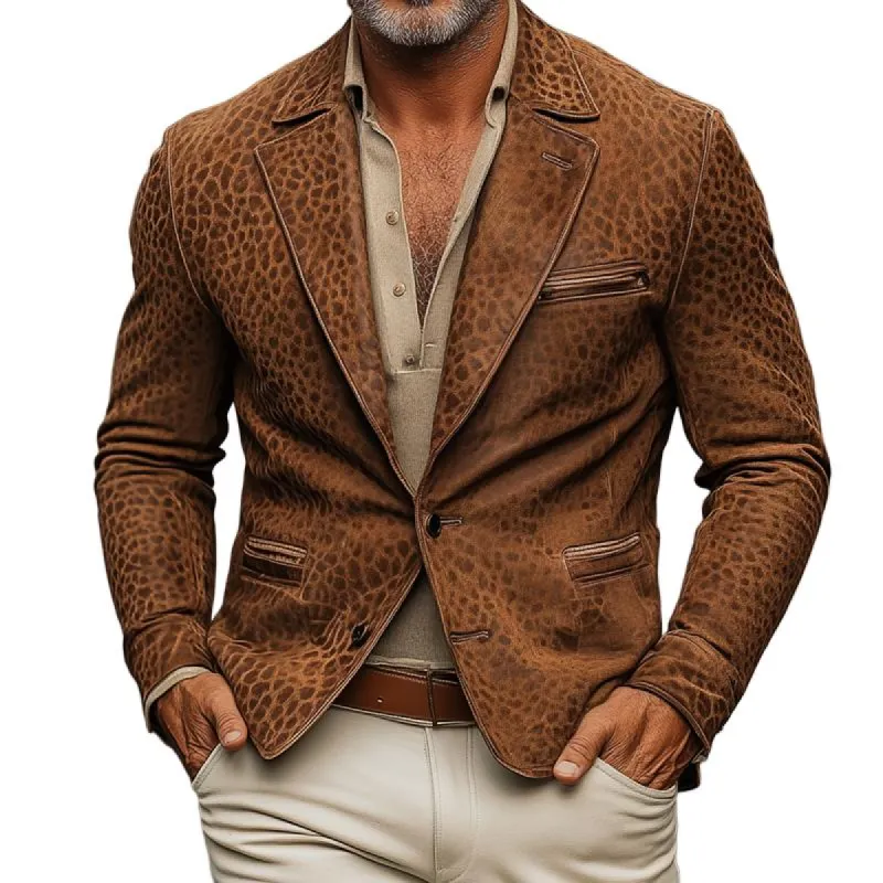 Men's Vintage Leopard Suede Notch Lapel Multi-pocket Single Breasted Blazer 28974346Z sold by Manly